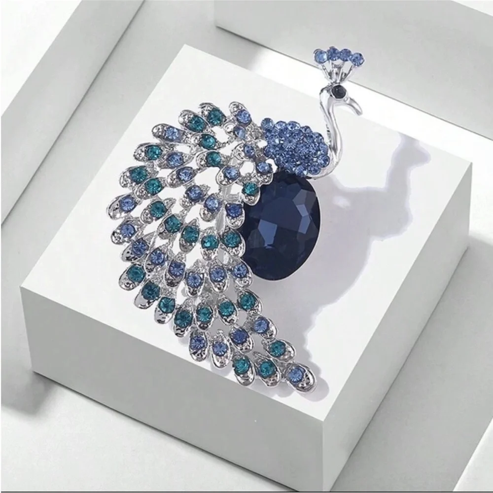 Elegant Blue Peacock Crystal Brooch